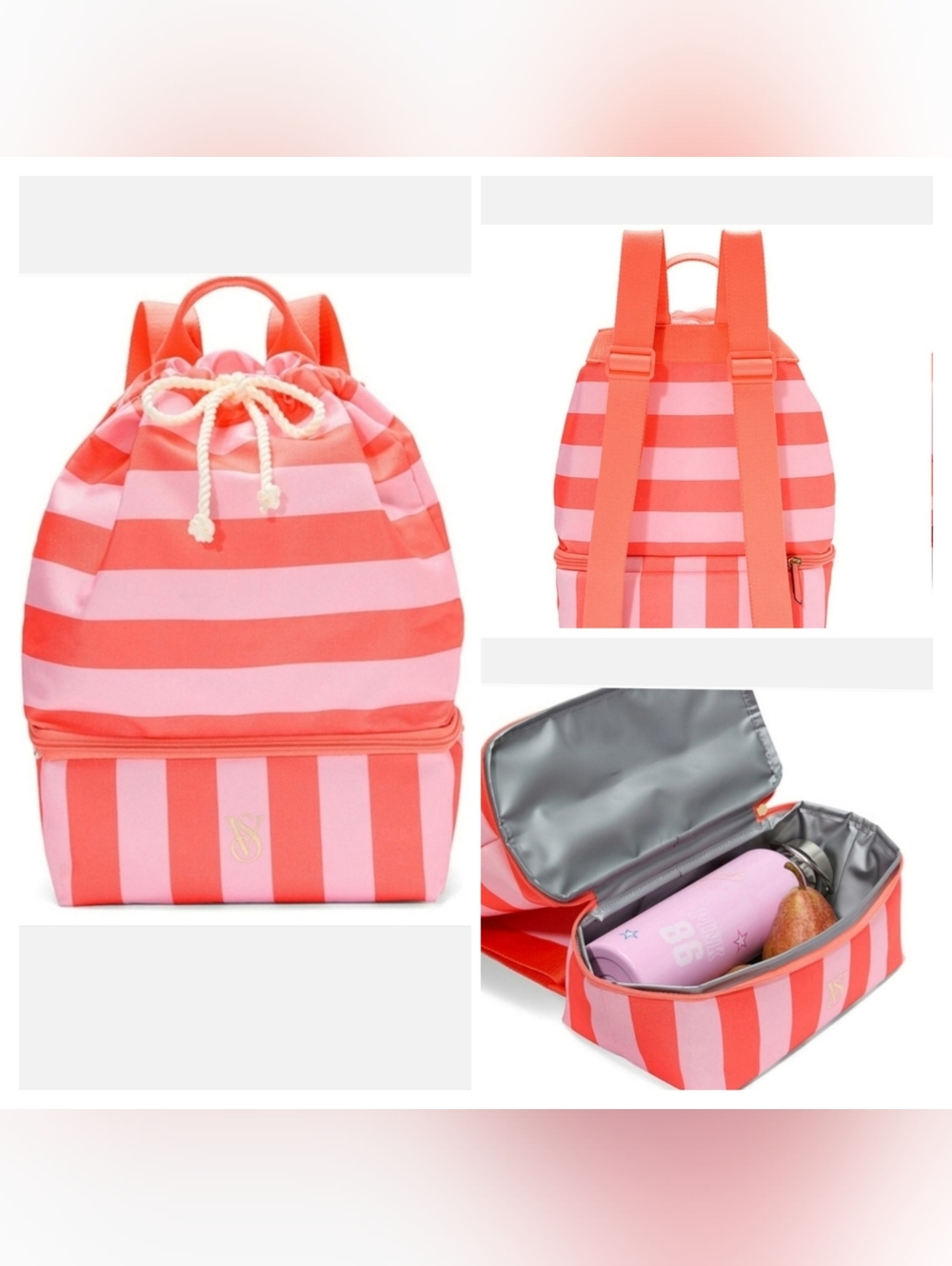 Victoria's Secret Pink and Coral Striped Insulated Cooler Beach Travel Backpack
